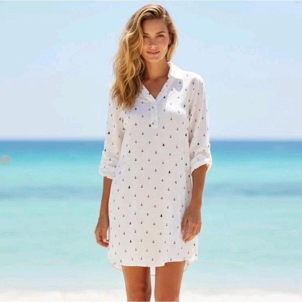 Forcynthia Beachwear Womens Linen Popover Tunic Coverup S Nautical Sail Boats